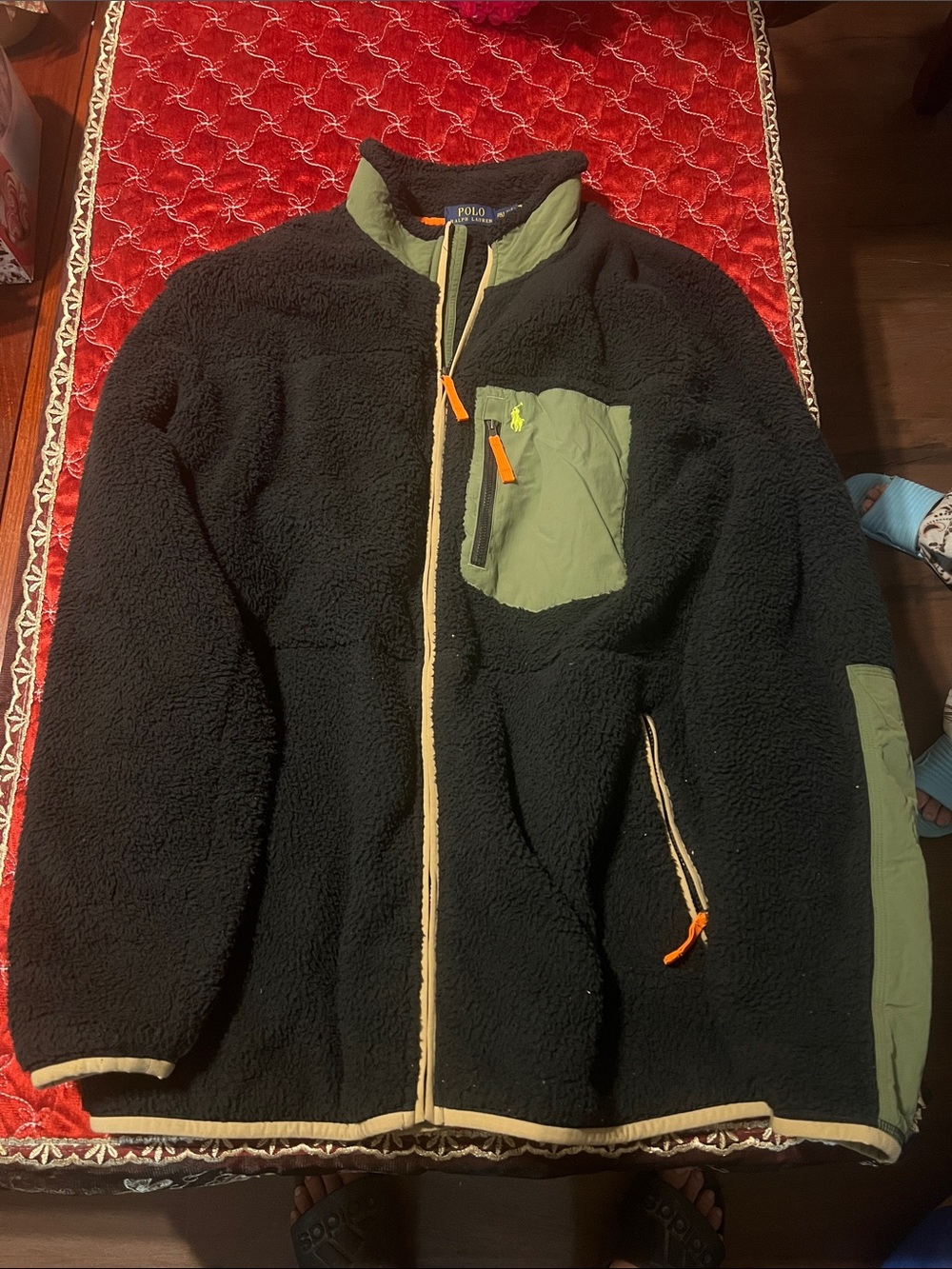 Polo by Ralph Lauren Black Sherpa Jacket with Olive Chest Pocket